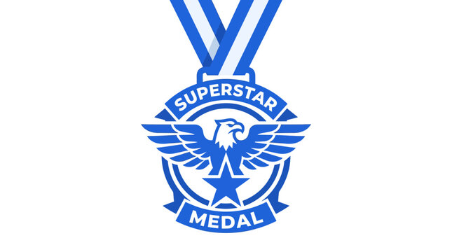 Blue superstar medal with eagle wings and ribbon.
