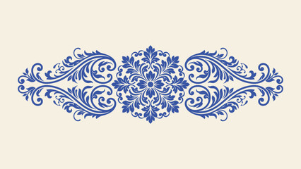 Blue vintage floral ornament vector with damask scrollwork and central mandala motif for elegant invitation design © Artastic