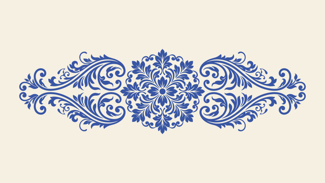 Blue vintage floral ornament vector with damask scrollwork and central mandala motif for elegant invitation design