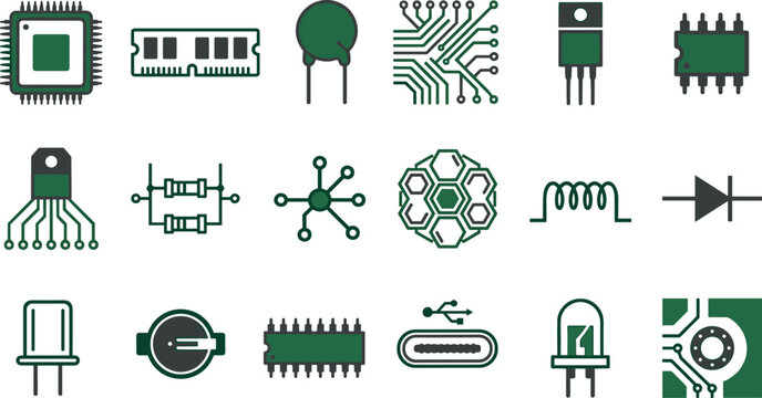 Electronic Components Icon Set with Microchips Circuit Board Semiconductor Hardware Parts and Digital Engineering Technology Symbols Collection