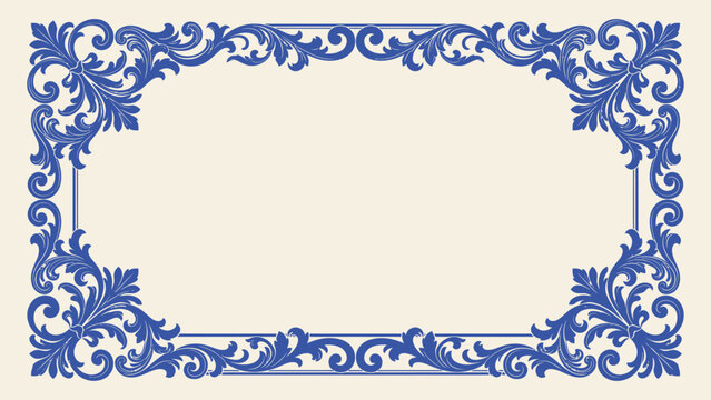 Elegant blue baroque floral frame vector with classic scrollwork border and copy space for certificate or invitation design
