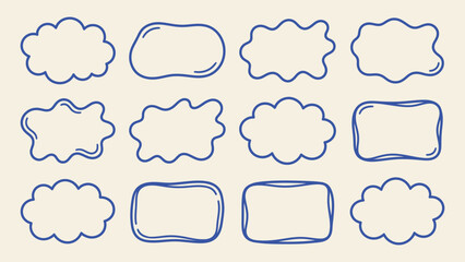 Fototapeta premium Blue hand drawn doodle frames and cloud speech bubbles vector set for text boxes and labels