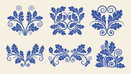Obraz premium Blue oak leaf ornaments and floral flourishes vector set in classic gzhel style for decorative borders and corners