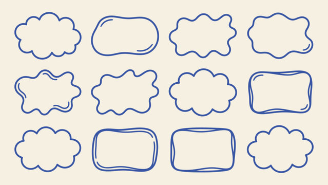 Blue hand drawn doodle frames and cloud speech bubbles vector set for text boxes and labels