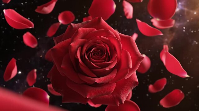 Red rose petals floating in space