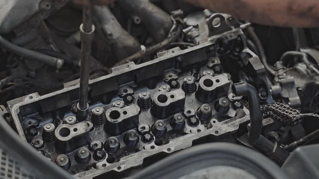 Close-up of a mechanic's hand working on the engine head of a car in an auto repair shop. Professional maintenance.