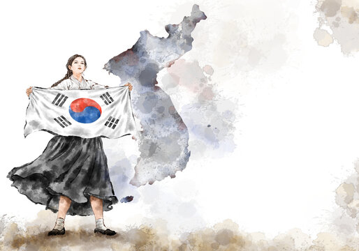 Illustration of a young Korean woman wearing hanbok celebrating Liberation Day with Taegeukgi, the national flag of the Republic of Korea