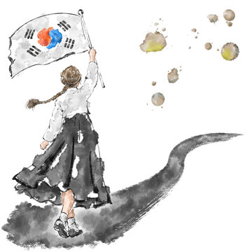 Illustration of a young Korean woman wearing hanbok celebrating Liberation Day with Taegeukgi, the national flag of the Republic of Korea
