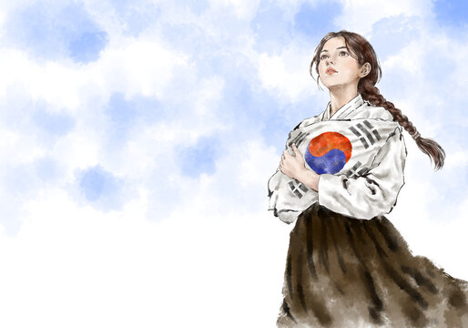 Illustration of a young Korean woman wearing hanbok celebrating Liberation Day with Taegeukgi, the national flag of the Republic of Korea