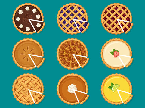 A vibrant assortment of nine delicious pies, each with a slice removed, showcasing various flavors and toppings.
