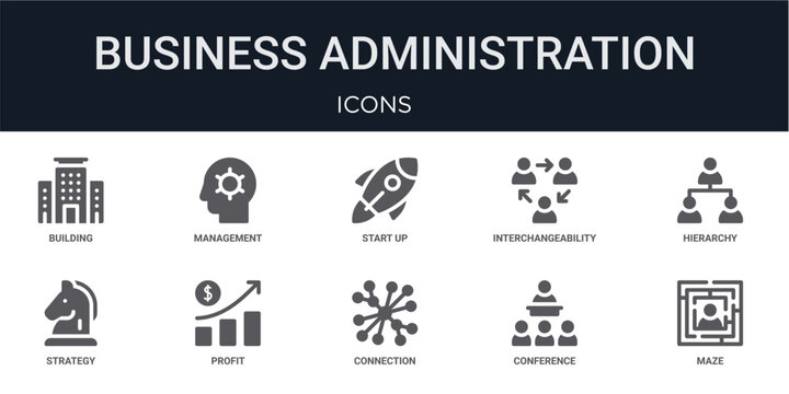 Set of 10 solid Business Administration icons for dashboards, app screens and website sections. Filled glyph collection including management, interchangeability, strategy, connection and conference.