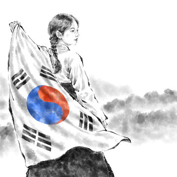 Illustration of a young Korean woman wearing hanbok celebrating Liberation Day with Taegeukgi, the national flag of the Republic of Korea