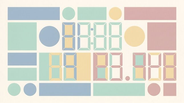 Abstract Pastel Geometric Digital Display Pattern with Seven Segment Clock Numbers and Shapes