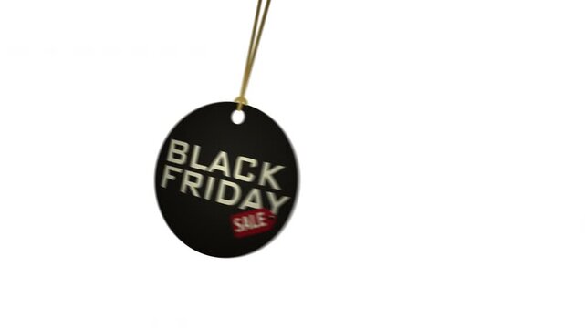 A swinging 3D "Black Friday" sticker. Transparent background, endless loop.