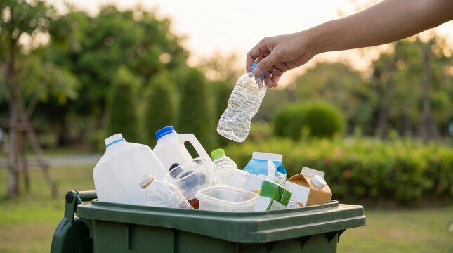 Hand placing a used plastic bottle into a green recycling bin filled with recyclable plastic containers, outdoor setting with soft natural sunlight, environmental protection concept, waste sorting