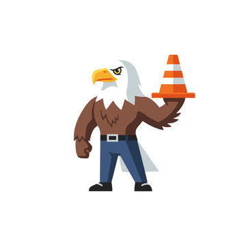 Bald eagle construction worker holding orange traffic cone