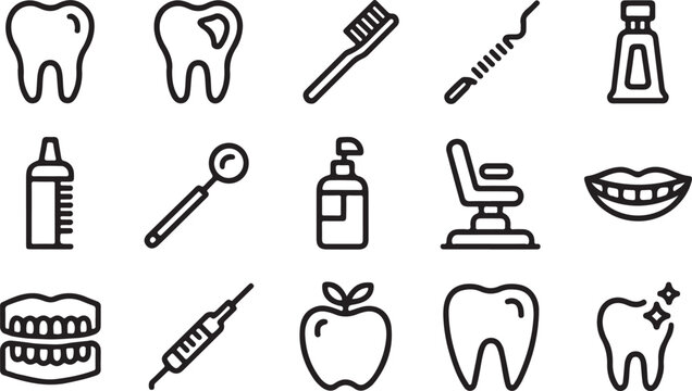 Dental care icons set featuring tooth brush paste syringe and healthy mouth in vector graphic design