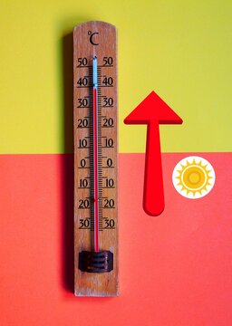 Term&oacute;metro ola de calor flecha mercurio, sol, grados temperatura alta aviso naranja y alerta roja instrumento thermometer gr&aacute;fico heat degree hot