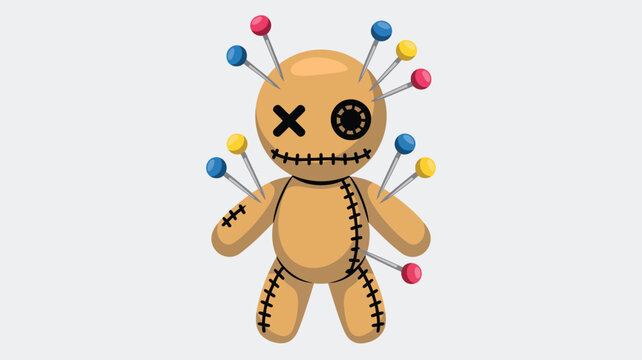 Little voodoo doll with colorful pins stuck into its body on a plain white background