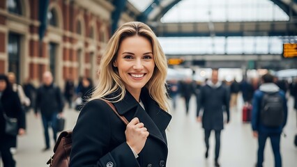 Fototapeta premium Smiling Woman at Busy Train Station.