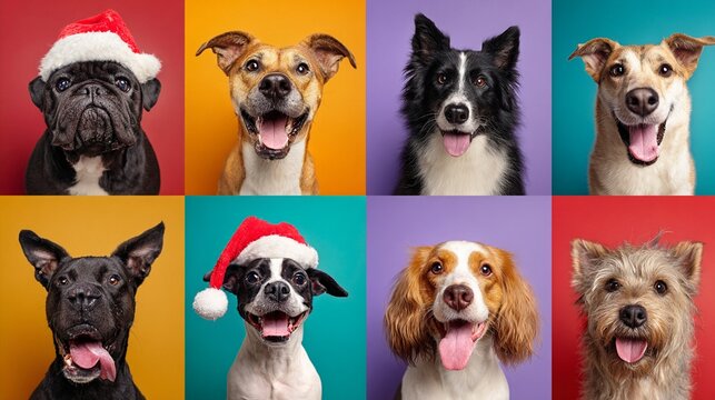 Festive and fun studio portraits of eight different dog breeds posing against vibrant colorful backgrounds, showcasing unique personalities and holiday spirit