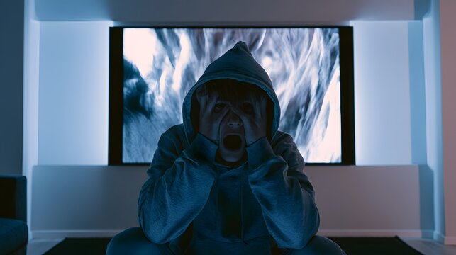 Startled man watches a chilling horror film in a darkened modern minimalist living room scene