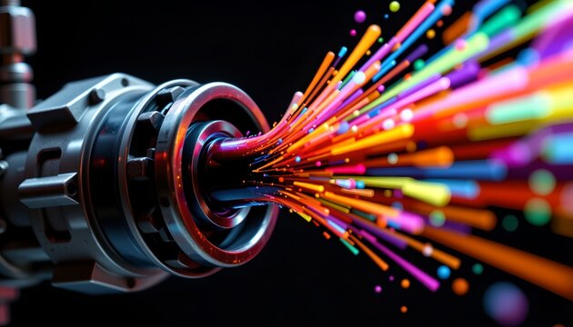 The image features a close up view of a fiber optic connector with multiple colorful light strands emanating from it. The connector appears to be metallic and mechanical, with a sleek, modern design