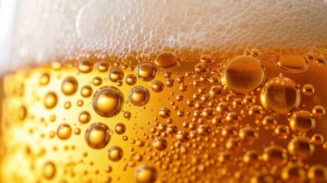 Close-up macro view of golden beer with effervescent bubbles and frothy head