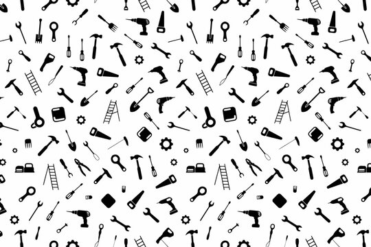 Seamless pattern of black construction and diy tools scattered on isolated on transparent background png