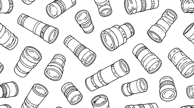 Assorted camera lenses scattered in a pattern.