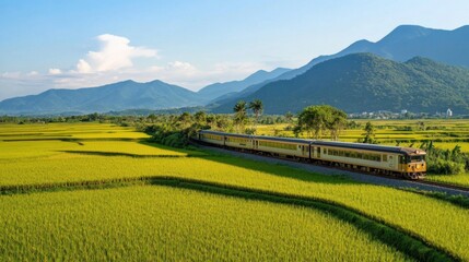 Obraz premium Train journey through golden rice fields with distant mountains
