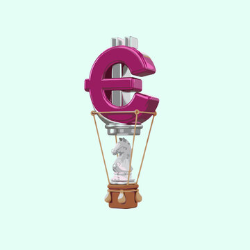 Magenta euro symbol hot air balloon with chess knight strategy piece