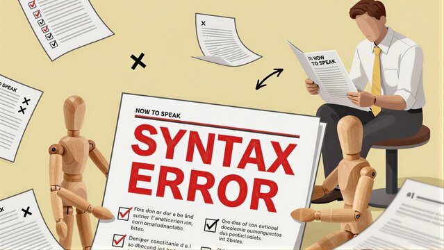 Man reads "SYNTAX ERROR" sign amid scattered papers and wooden mannequins.