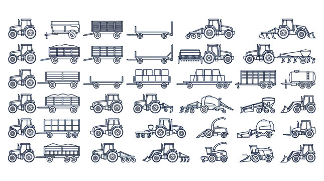 Agricultural tractor and machinery silhouettes set