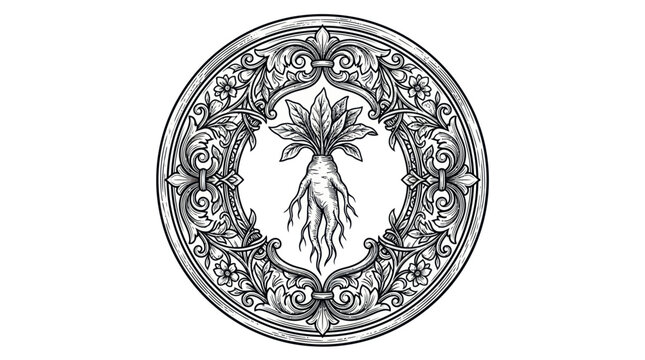 Ornate circular emblem with botanical root illustration