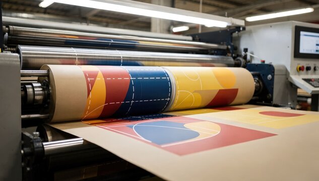 Medium shot capturing twocolor flexographic printing on paperboard highlighting the precision alignment and ink layering techniques used for simple yet striking packaging designs.