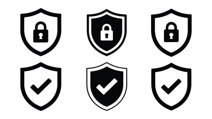 Security shield icons, vector set of shield logotypes with check mark and padlock symbols for cybersecurity, data protection, web safety, and application security design. © AYAT