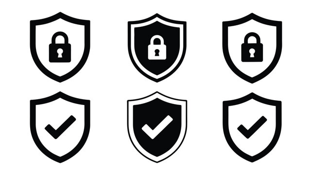 Security shield icons, vector set of shield logotypes with check mark and padlock symbols for cybersecurity, data protection, web safety, and application security design.