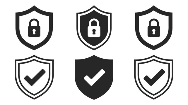 Security shield icons, vector set of shield logotypes with check mark and padlock symbols for cybersecurity, data protection, web safety, and application security design.