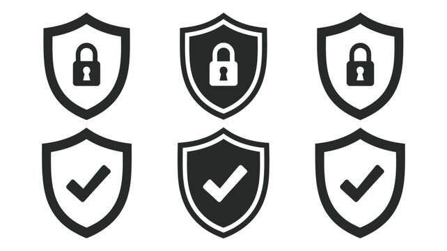 Security shield icons, vector set of shield logotypes with check mark and padlock symbols for cybersecurity, data protection, web safety, and application security design.