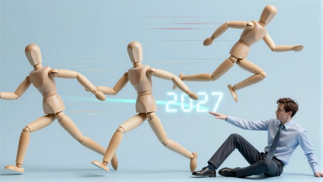 Man sits defeated as wooden figures race past him toward 2027.