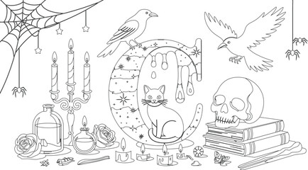 Obraz premium Magical letter C with cat, raven, skull, books, and potion bottles for Halloween coloring