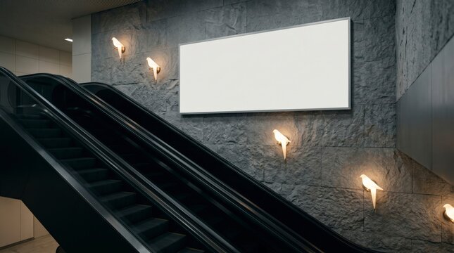 Billboard mockup mounted on a textured stone wall by moving escalators with moody lighting for transit advertising and brand marketing