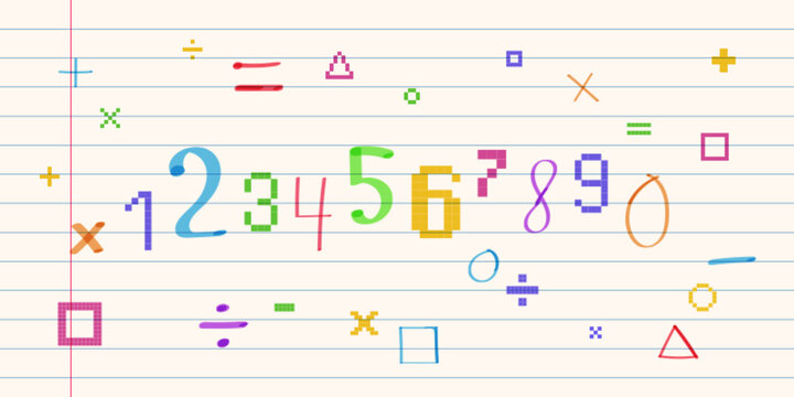 Hand drawn marker highlights, color numbers and underlines, vector school doodle or pixel font on lined paper background. Scribble elements for emphasizing, notes with felt pen strokes texture