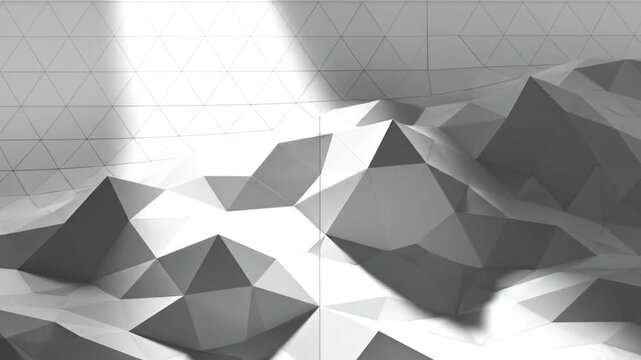 A clean white background featuring a geometric low poly surface