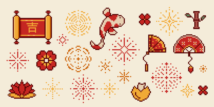 Chinese pixel art icons of festive fireworks, red paper fan, retro 8-bit snack, flower and bamboo, vector japaniese game designs on white background. Traditional Asian exploding firecrackers