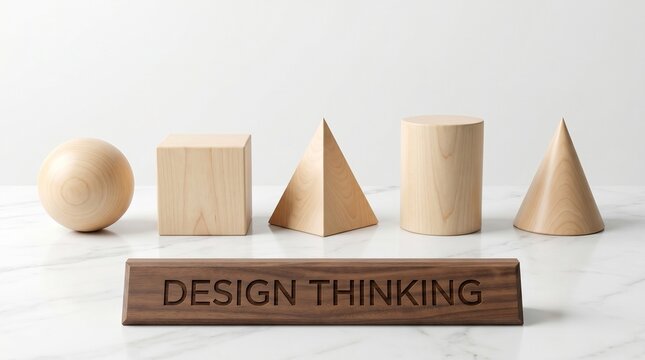 Design Thinking methodology concept with wooden geometric shapes and an engraved sign on a marble surface