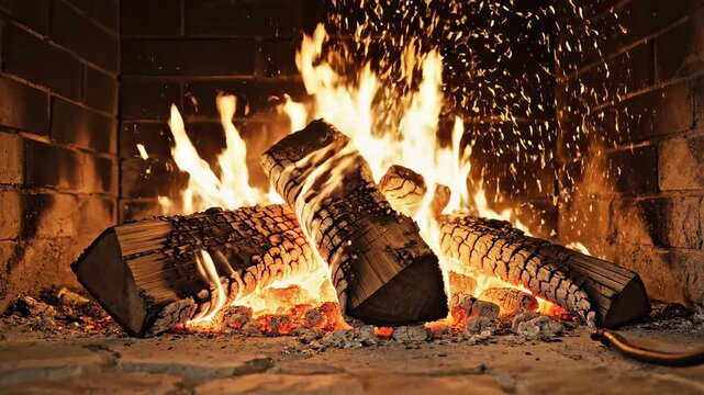 Wood burning in a brick fireplace