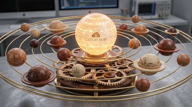 Mechanical orrery model visualizing Internet of Things and connected smart ecosystems concept with a glowing cloud hub