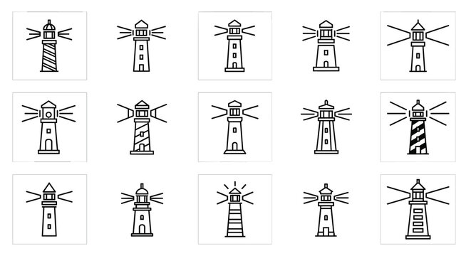 A collection of fifteen diverse lighthouse icons featuring varied architectural structures and light beam projections arranged in a clean grid for maritime navigation design.